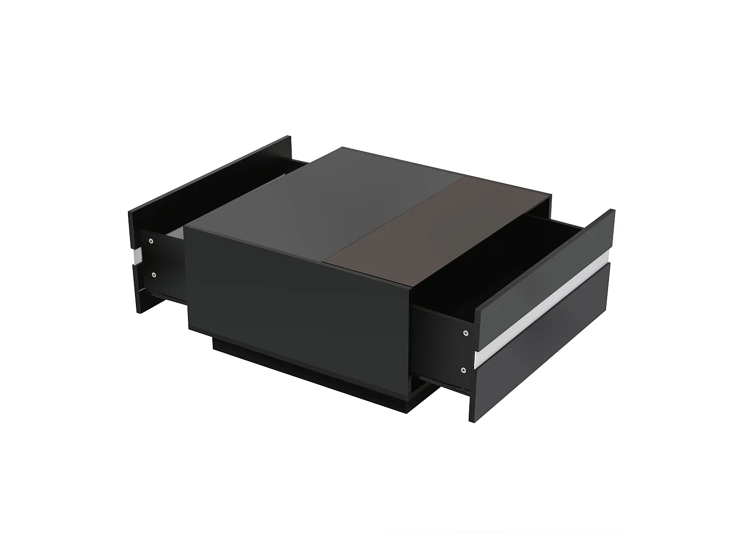 Mesa de centro quadrada preta - Mesa de centro com iluminação LED e 2 gavetas - Borda branca às riscas