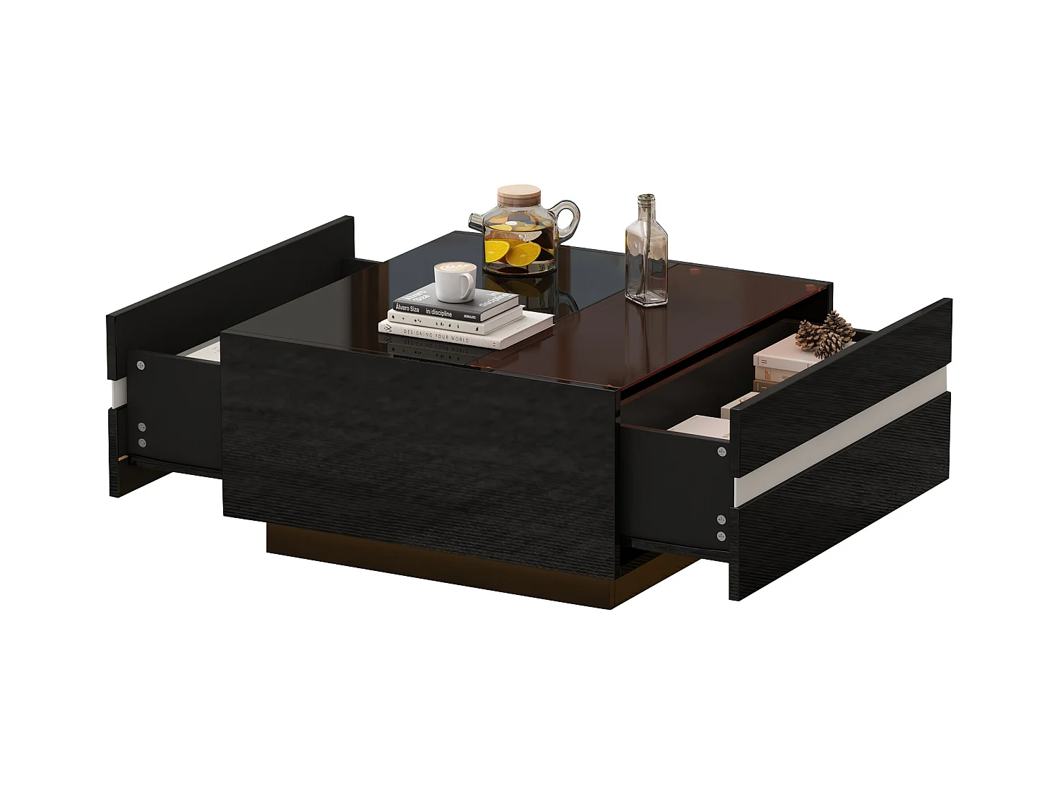 Mesa de centro quadrada preta - Mesa de centro com iluminação LED e 2 gavetas - Borda branca às riscas