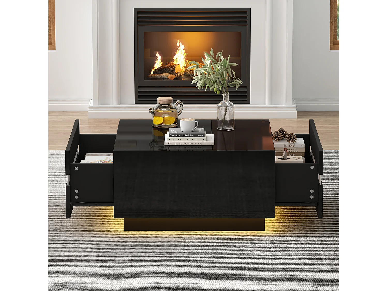 Table basse carrée noir - Table basse avec éclairage LED et 2 tiroirs - bordure rayée blanc