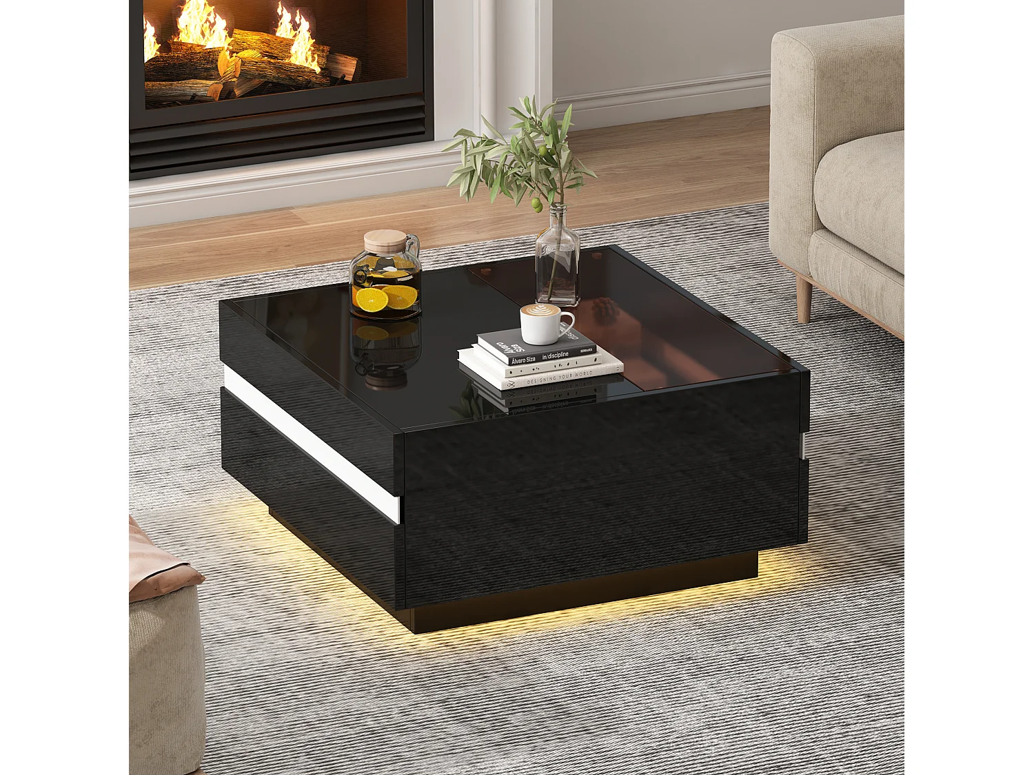 Table basse carrée noir - Table basse avec éclairage LED et 2 tiroirs - bordure rayée blanc
