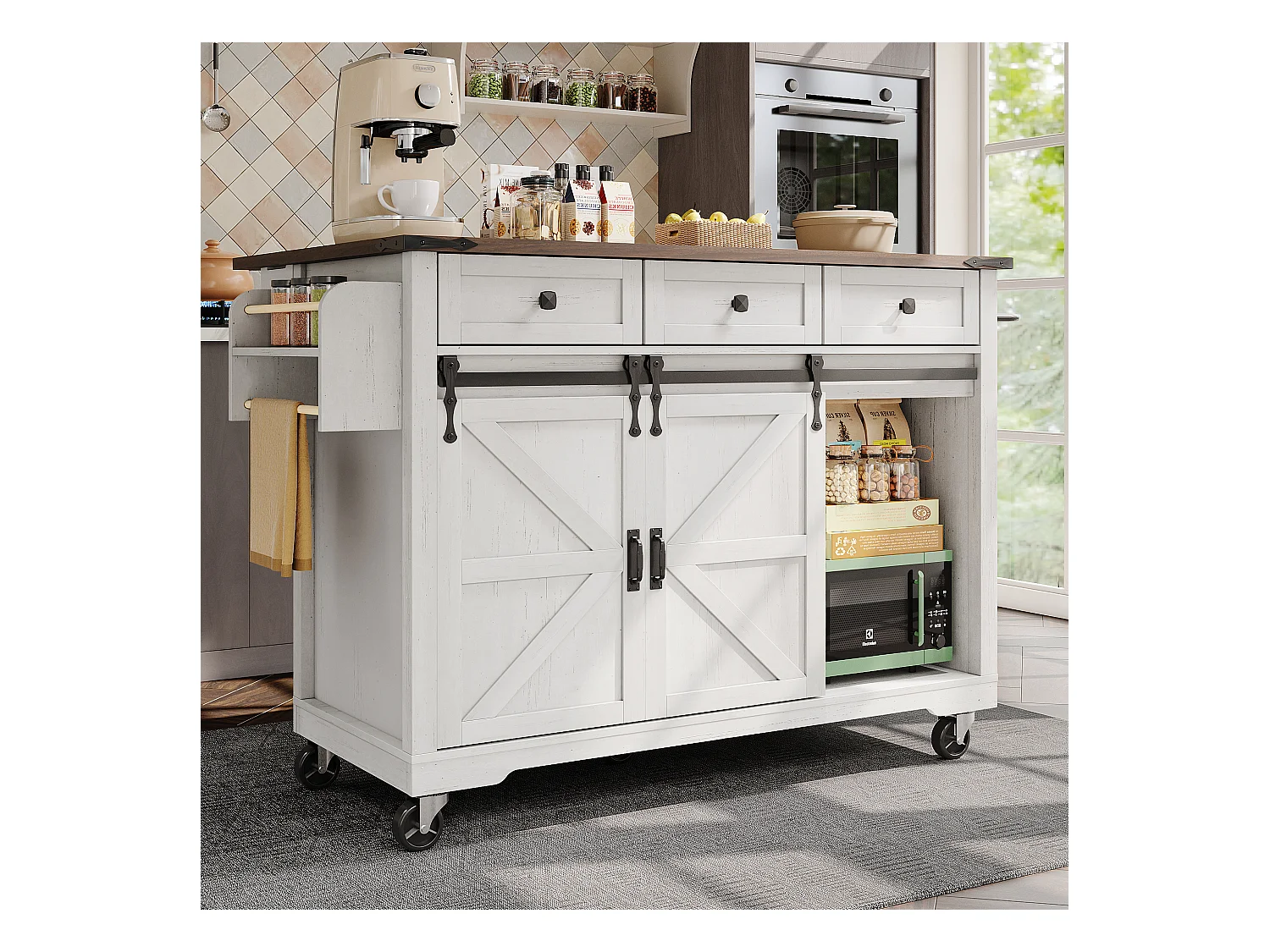 Ilha de cozinha com tampo rebatível - Carrinho de cozinha com 2 portas de correr e 3 gavetas - toalheiro e suporte para copos - branco