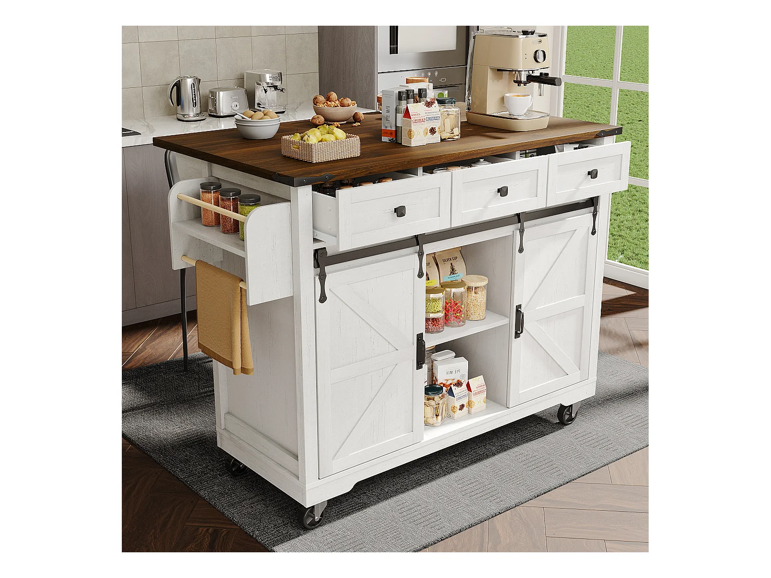 Ilha de cozinha com tampo rebatível - Carrinho de cozinha com 2 portas de correr e 3 gavetas - toalheiro e suporte para copos - branco