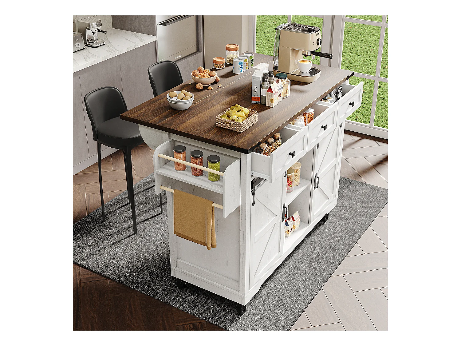 Ilha de cozinha com tampo rebatível - Carrinho de cozinha com 2 portas de correr e 3 gavetas - toalheiro e suporte para copos - branco