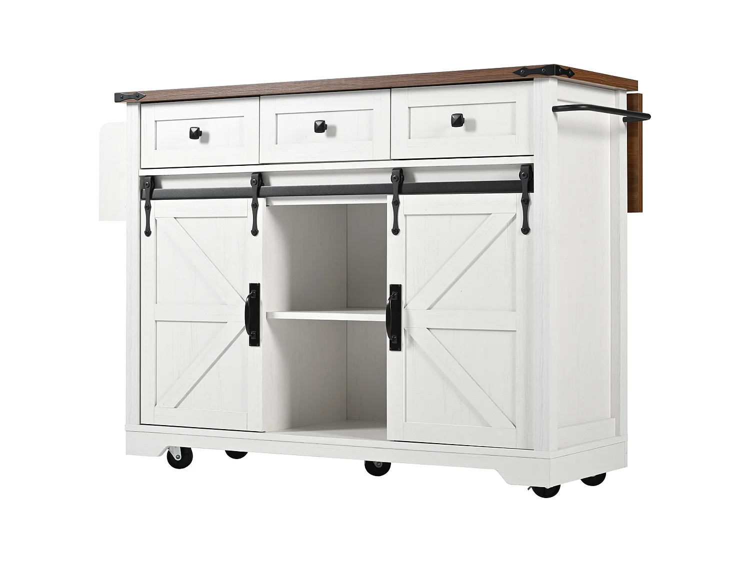 Ilha de cozinha com tampo rebatível - Carrinho de cozinha com 2 portas de correr e 3 gavetas - toalheiro e suporte para copos - branco