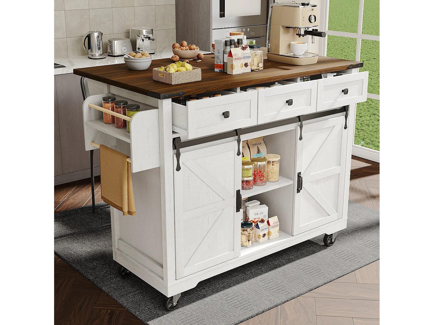 Wyspa kuchenna z opuszczanym blatem - Wózek kuchenny z 2 drzwiami przesuwnymi i 3 szufladami - wieszak na ręczniki i uchwyt na kubek - biały