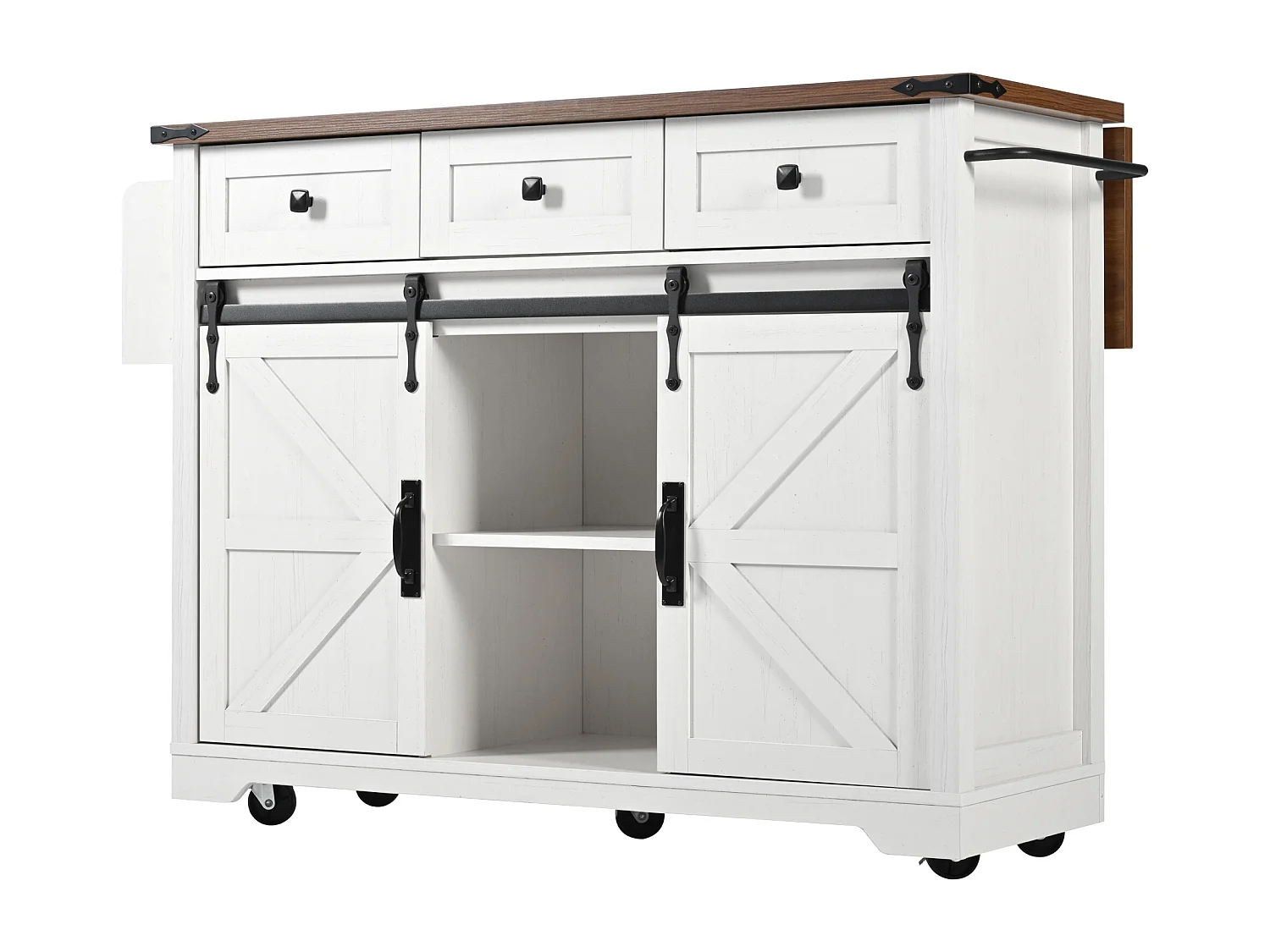 Wyspa kuchenna z opuszczanym blatem - Wózek kuchenny z 2 drzwiami przesuwnymi i 3 szufladami - wieszak na ręczniki i uchwyt na kubek - biały