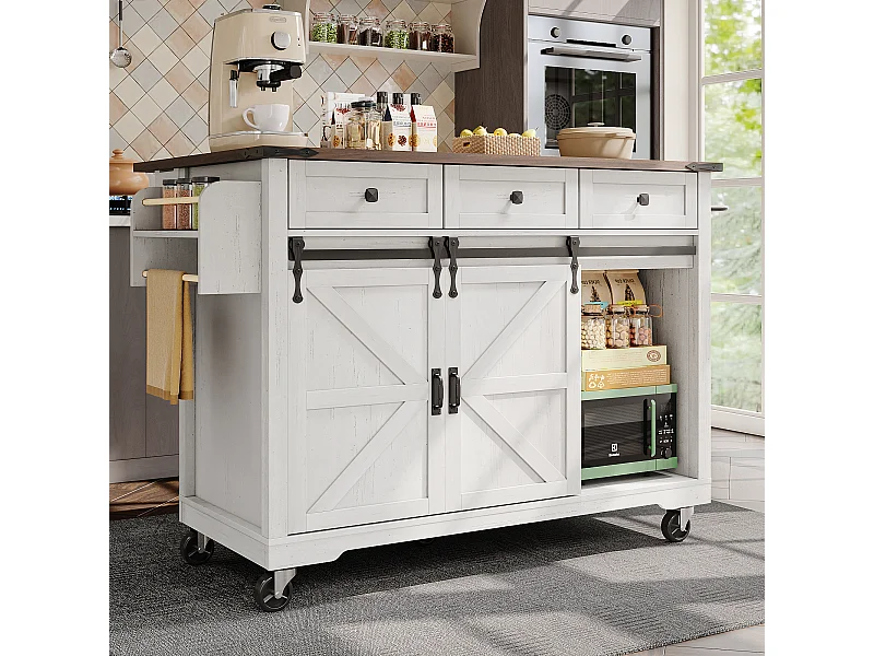 Keukeneiland met neerklapbaar blad - Keukentrolley met 2 schuifdeuren en 3 lades - handdoekhouder en bekerhouders - wit