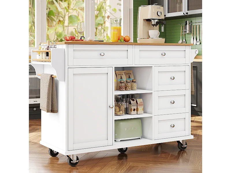 Îlot central de cuisine blanc à 5 tiroirs - Desserte de cuisine à 1 porte et 3 compartiments de rangement ouverts - etagère à épices et porte-serviettes