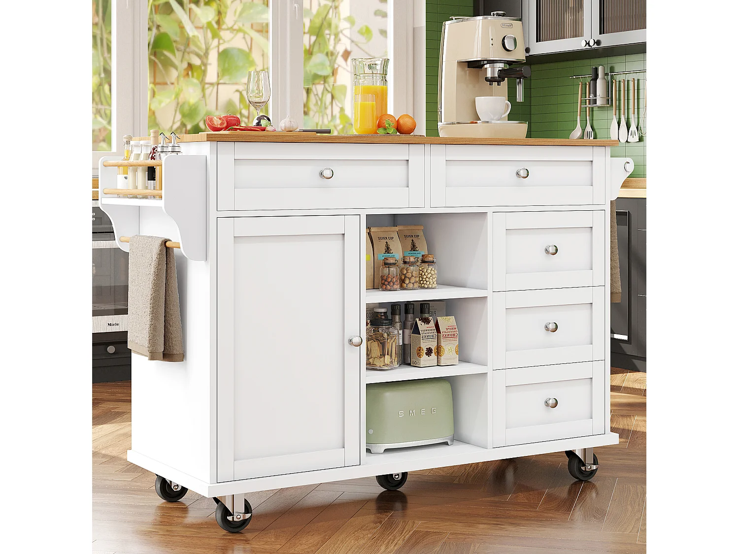Ilha de cozinha branca com 5 gavetas - Carrinho de cozinha com 1 porta e 3 compartimentos abertos - porta-temperos e toalheiro
