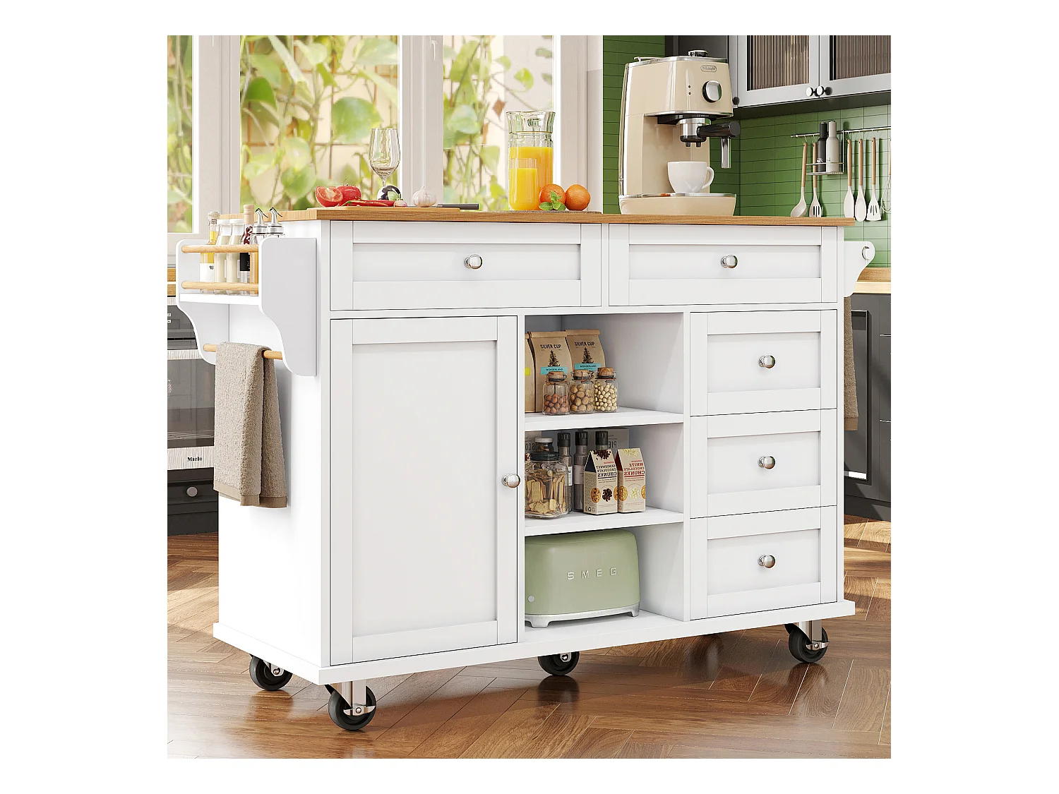 Îlot central de cuisine blanc à 5 tiroirs - Desserte de cuisine à 1 porte et 3 compartiments de rangement ouverts - etagère à épices et porte-serviettes