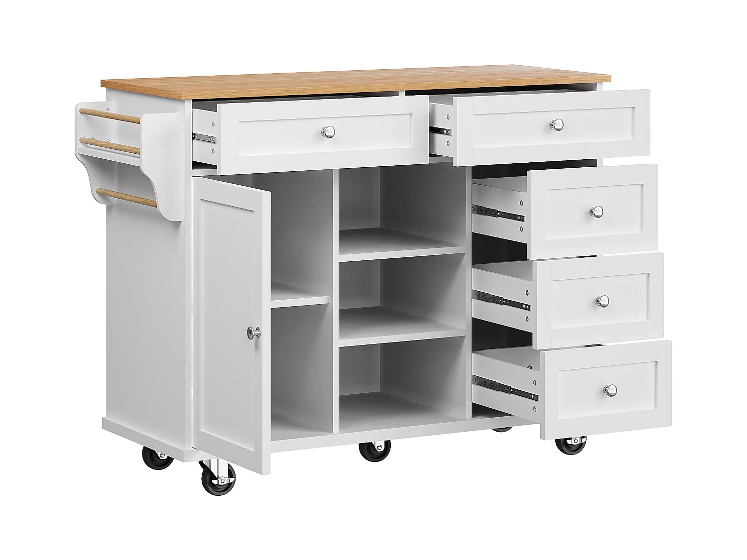 Biała wyspa kuchenna z 5 szufladami – Wózek kuchenny z 1 drzwiami i 3 otwartymi schowkami – półka na przyprawy i wieszak na ręczniki