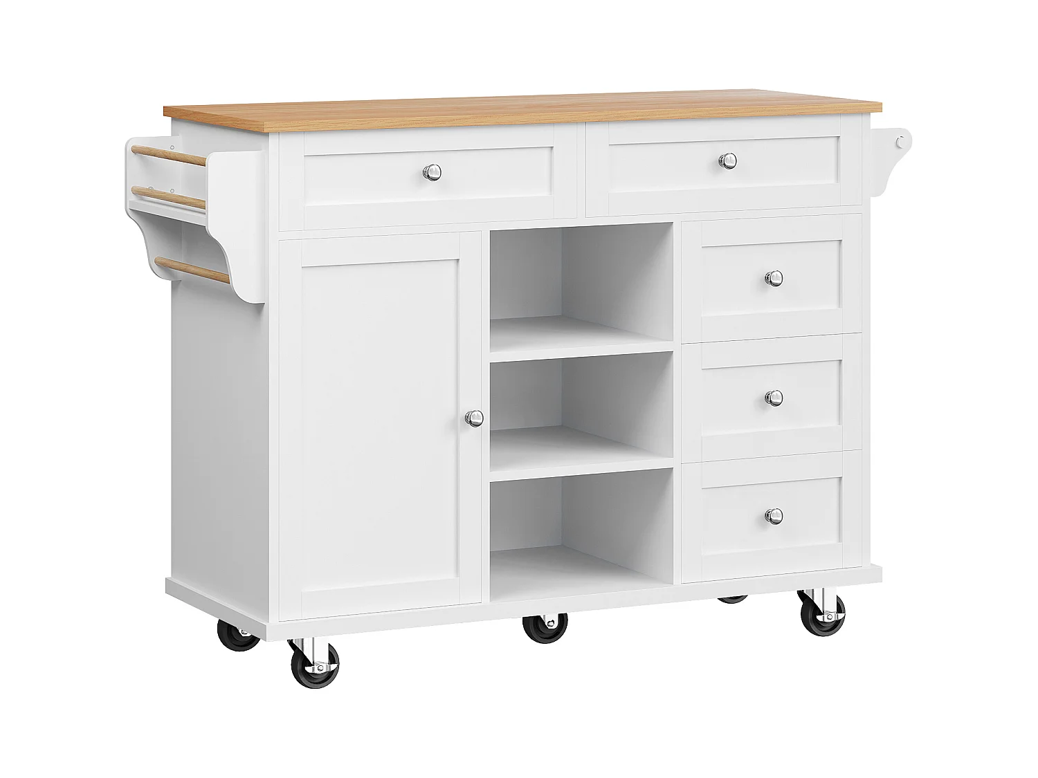 Biała wyspa kuchenna z 5 szufladami – Wózek kuchenny z 1 drzwiami i 3 otwartymi schowkami – półka na przyprawy i wieszak na ręczniki
