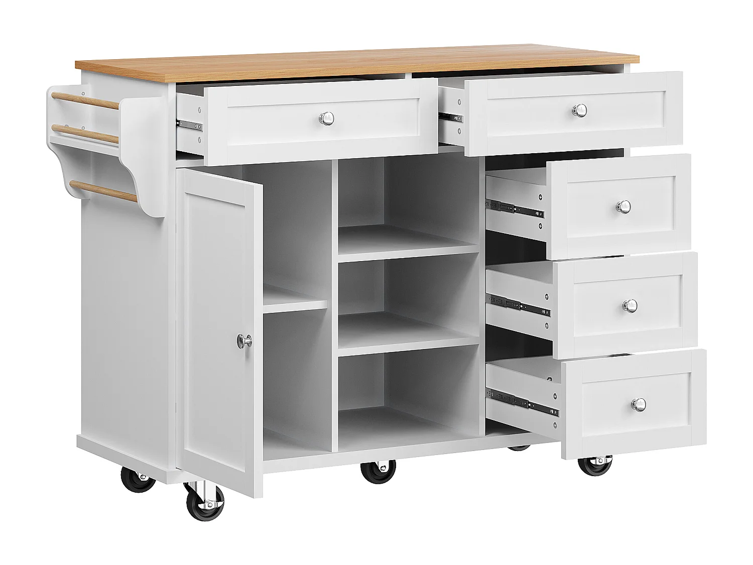 Biała wyspa kuchenna z 5 szufladami – Wózek kuchenny z 1 drzwiami i 3 otwartymi schowkami – półka na przyprawy i wieszak na ręczniki