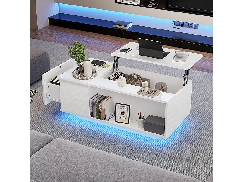 Witte salontafel met in hoogte verstelbaar blad - Salontafel met LED-verlichting en 1 lade - Open opbergruimte