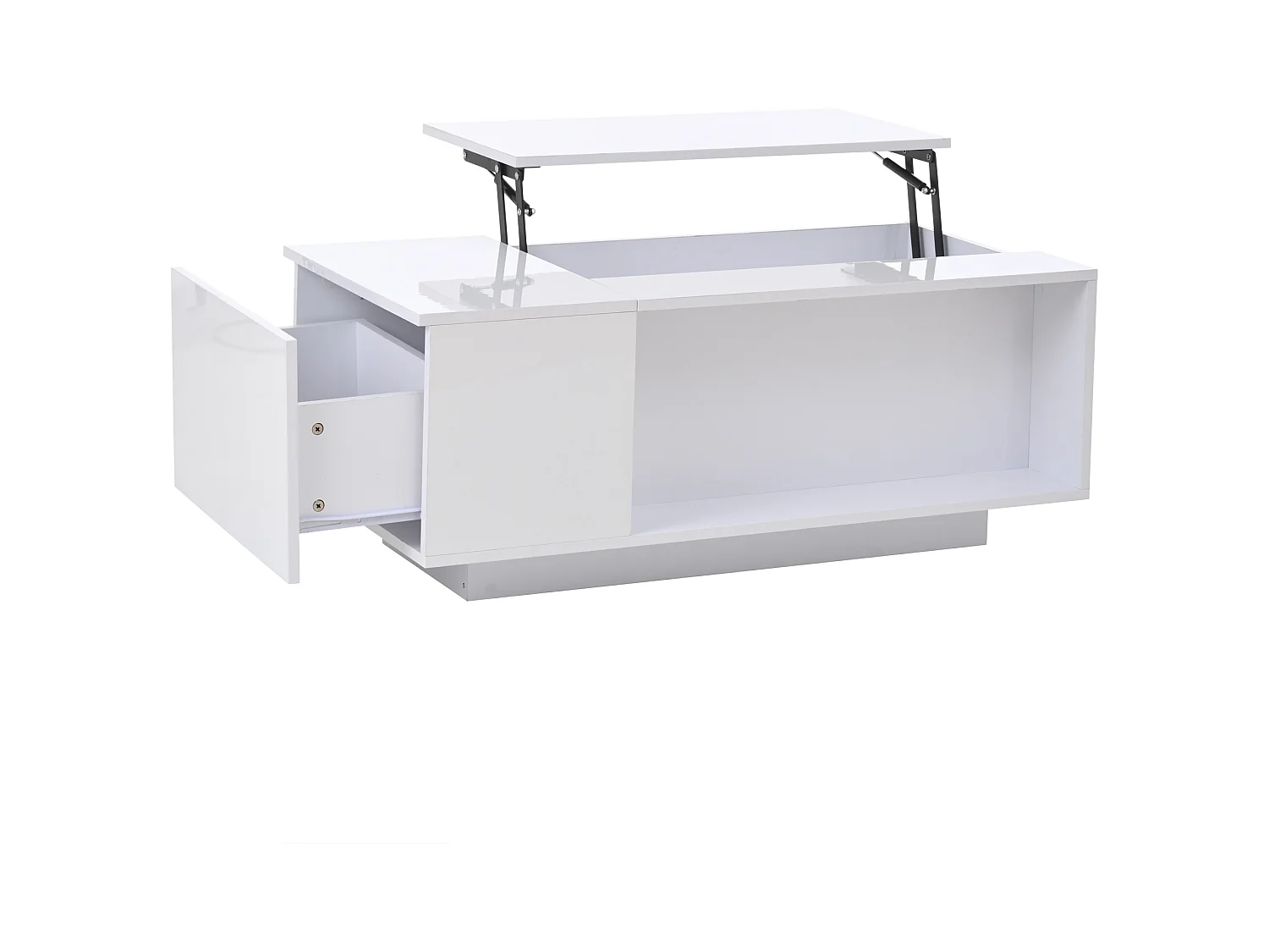 Biały stolik kawowy z regulowanym blatem - Stolik kawowy z oświetleniem LED i 1 szufladą - Otwarta przestrzeń do przechowywania