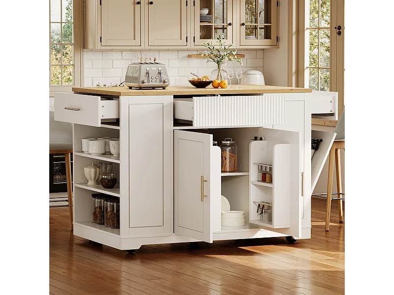 Desserte de cuisine blanc avec étagères réglables - Îlot central avec 3 portes et 3 tiroirs - compartiment poubelle