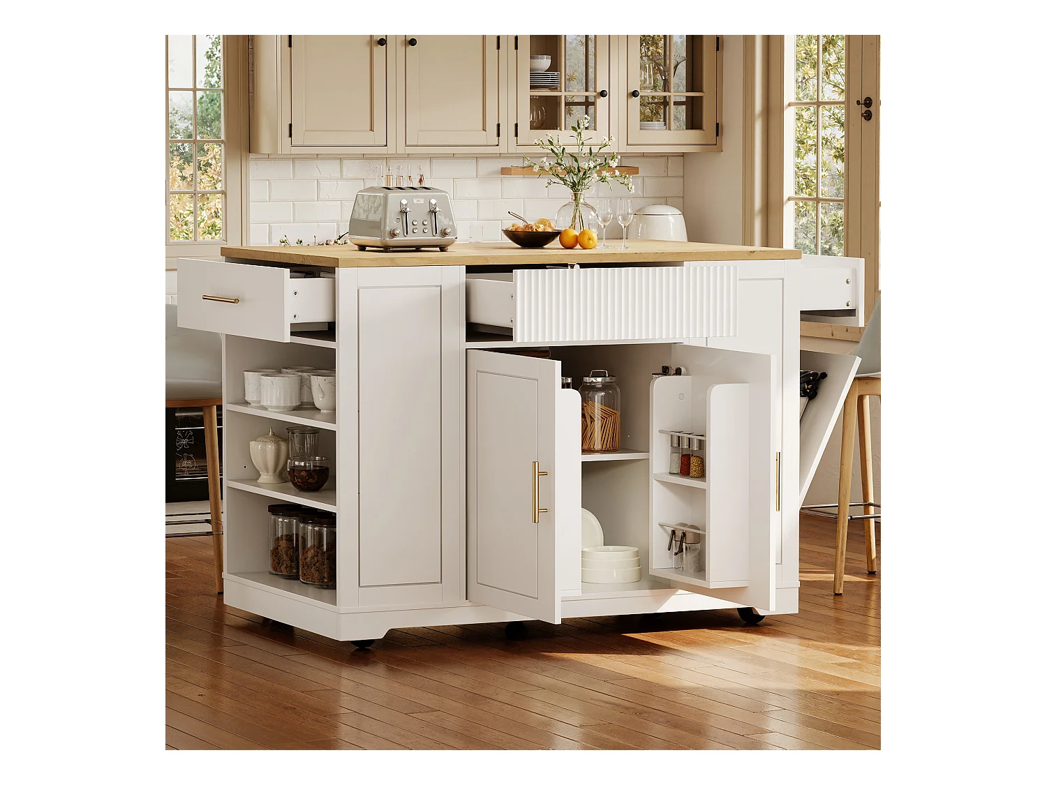 Carrinho de cozinha branco com prateleiras reguláveis ​​​​- Ilha central com 3 portas e 3 gavetas - compartimento de lixo