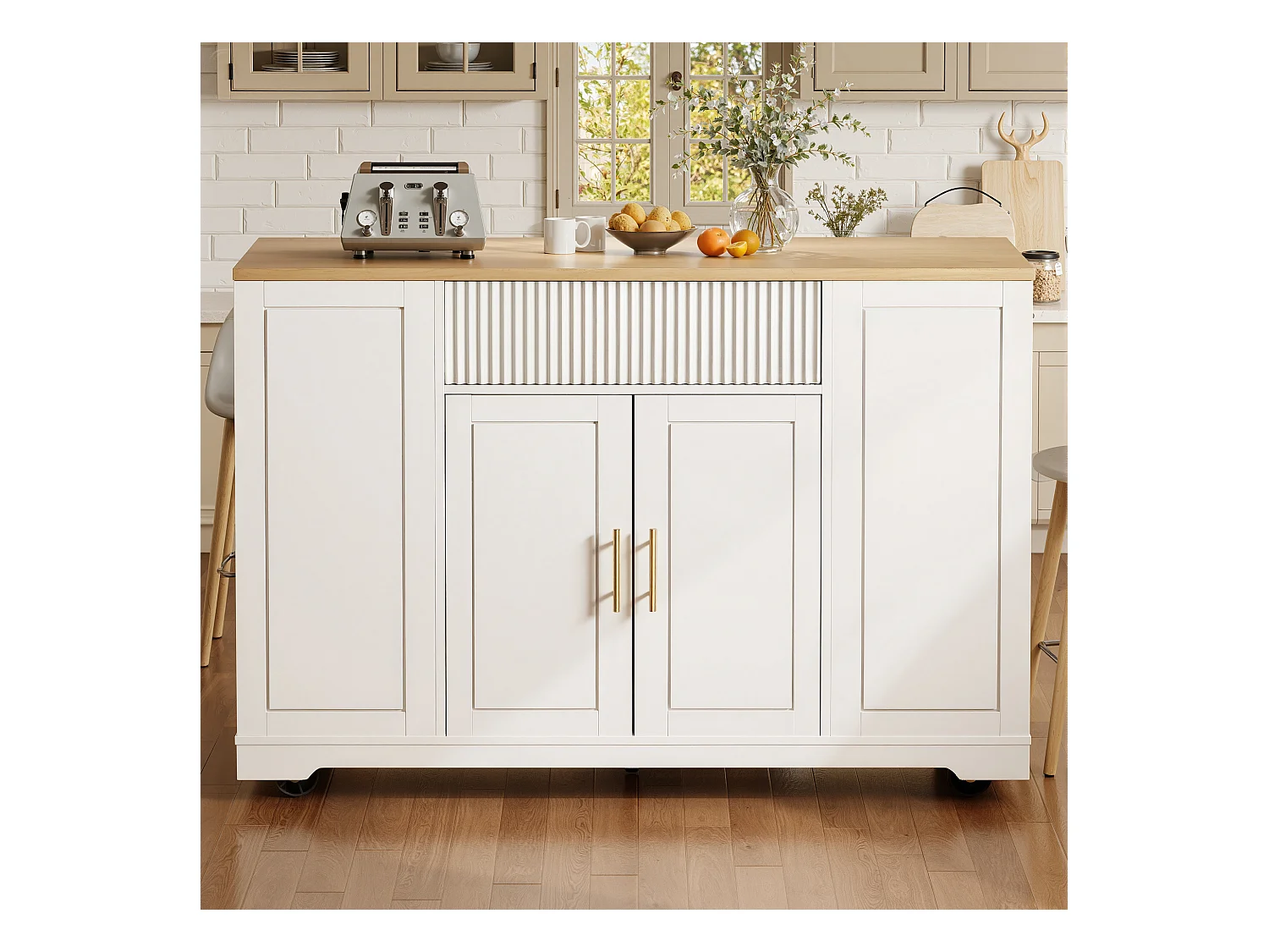 Carrinho de cozinha branco com prateleiras reguláveis ​​​​- Ilha central com 3 portas e 3 gavetas - compartimento de lixo