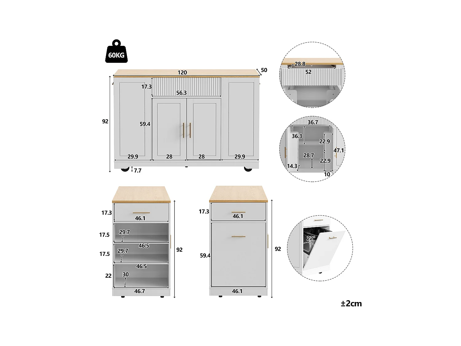 Carrinho de cozinha branco com prateleiras reguláveis ​​​​- Ilha central com 3 portas e 3 gavetas - compartimento de lixo