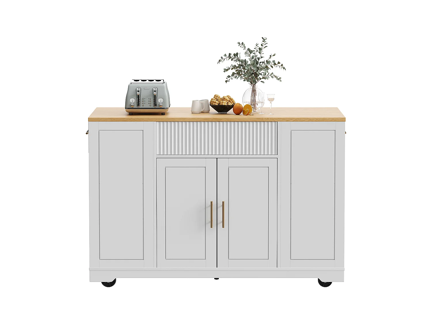 Carrinho de cozinha branco com prateleiras reguláveis ​​​​- Ilha central com 3 portas e 3 gavetas - compartimento de lixo