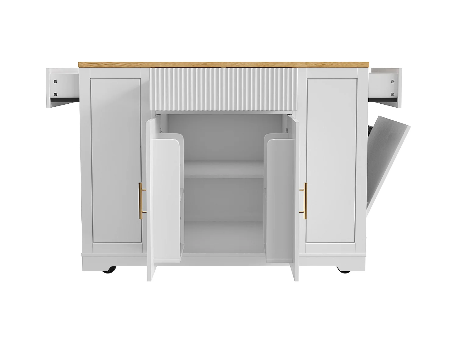 Carrinho de cozinha branco com prateleiras reguláveis ​​​​- Ilha central com 3 portas e 3 gavetas - compartimento de lixo