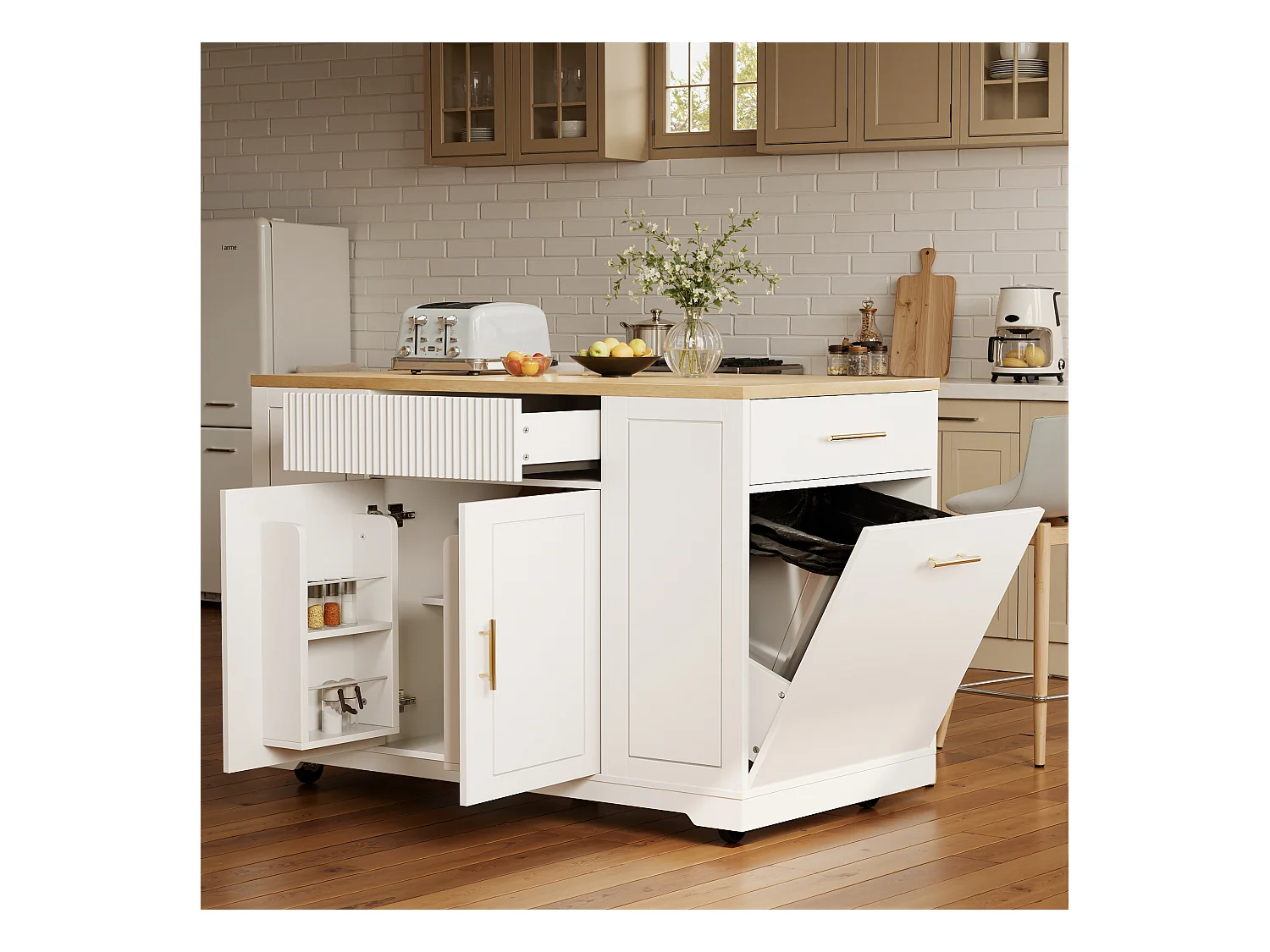 Biały wózek kuchenny z regulowanymi półkami - wyspa centralna z 3 drzwiami i 3 szufladami - pojemnik na śmieci