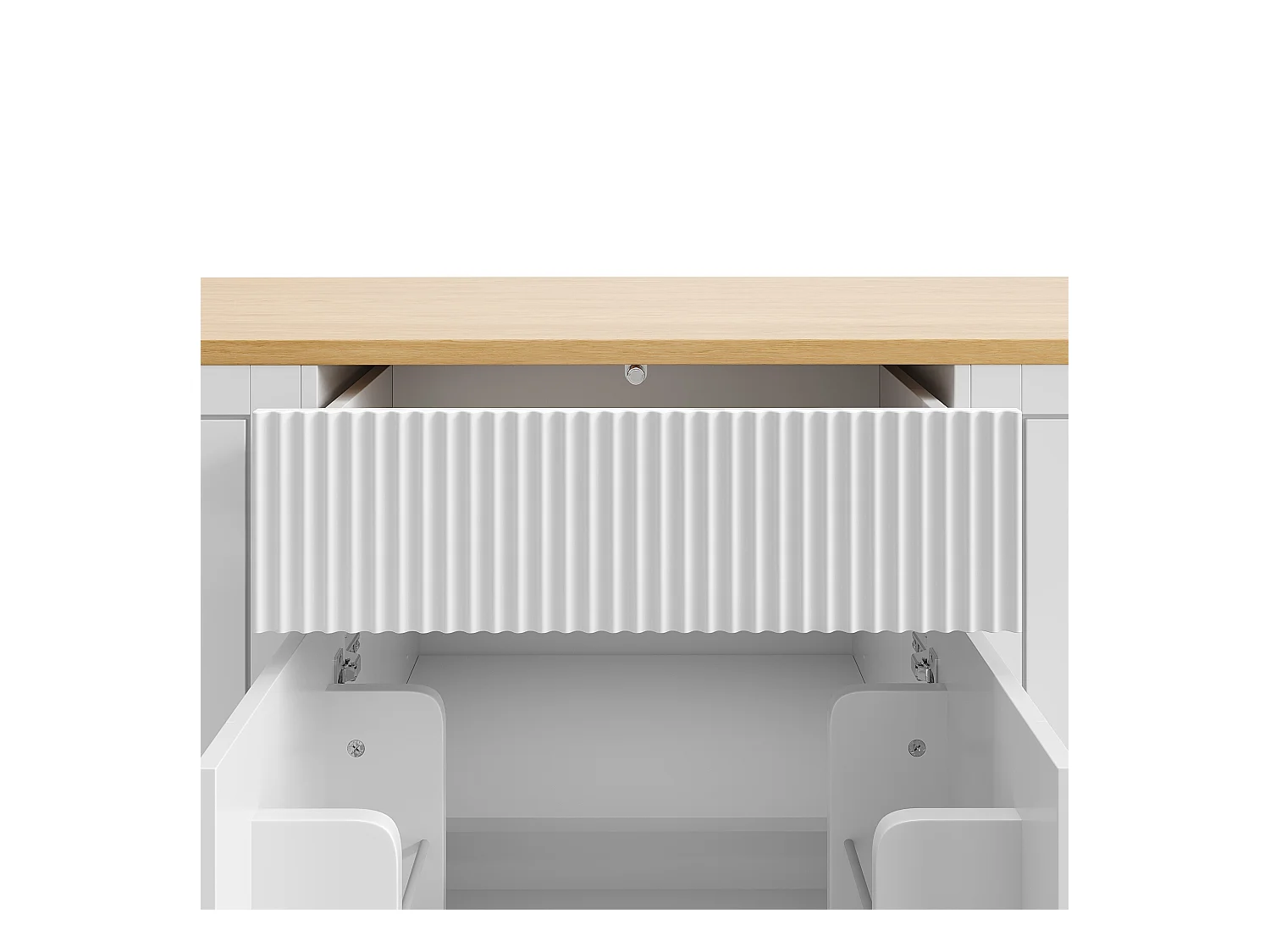 Biały wózek kuchenny z regulowanymi półkami - wyspa centralna z 3 drzwiami i 3 szufladami - pojemnik na śmieci