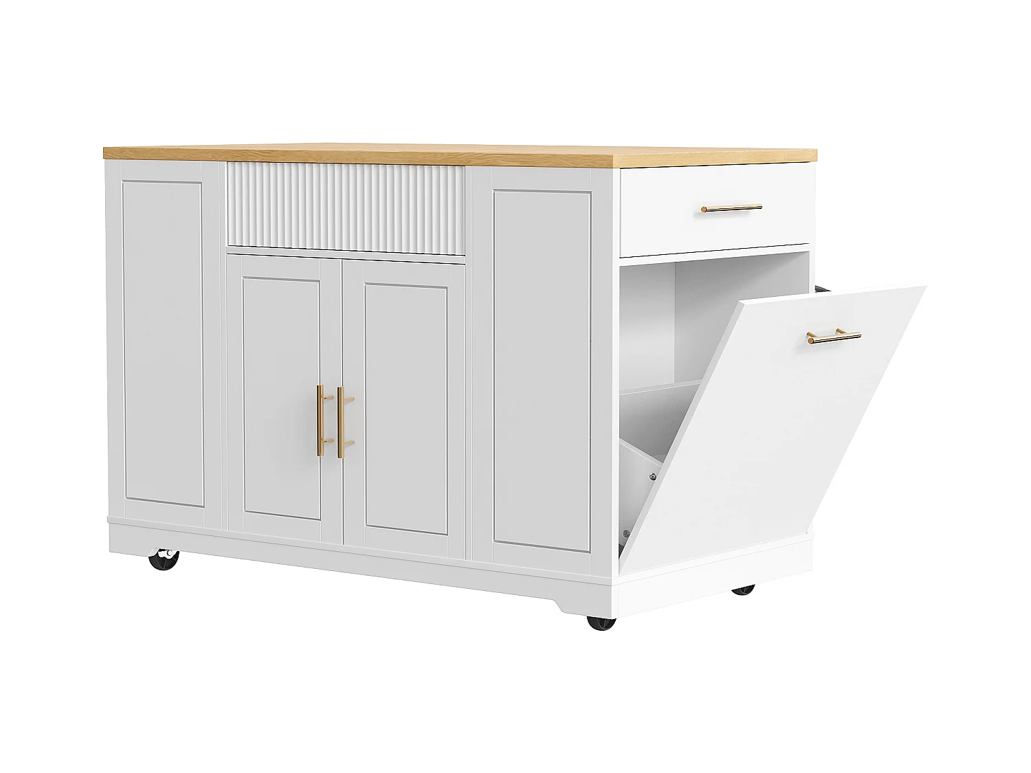 Biały wózek kuchenny z regulowanymi półkami - wyspa centralna z 3 drzwiami i 3 szufladami - pojemnik na śmieci