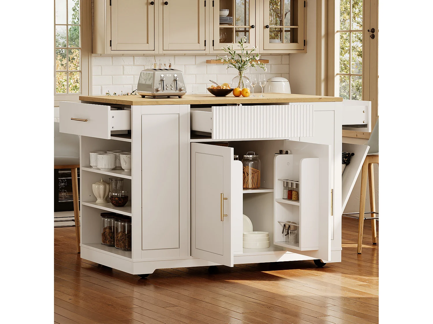 Desserte de cuisine blanc avec étagères réglables - Îlot central avec 3 portes et 3 tiroirs - compartiment poubelle