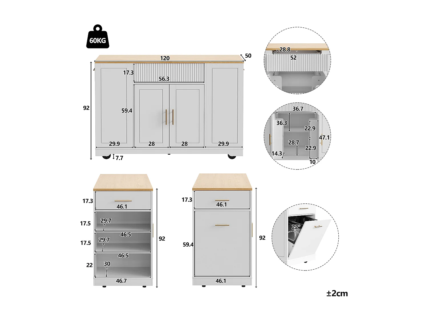 Desserte de cuisine blanc avec étagères réglables - Îlot central avec 3 portes et 3 tiroirs - compartiment poubelle