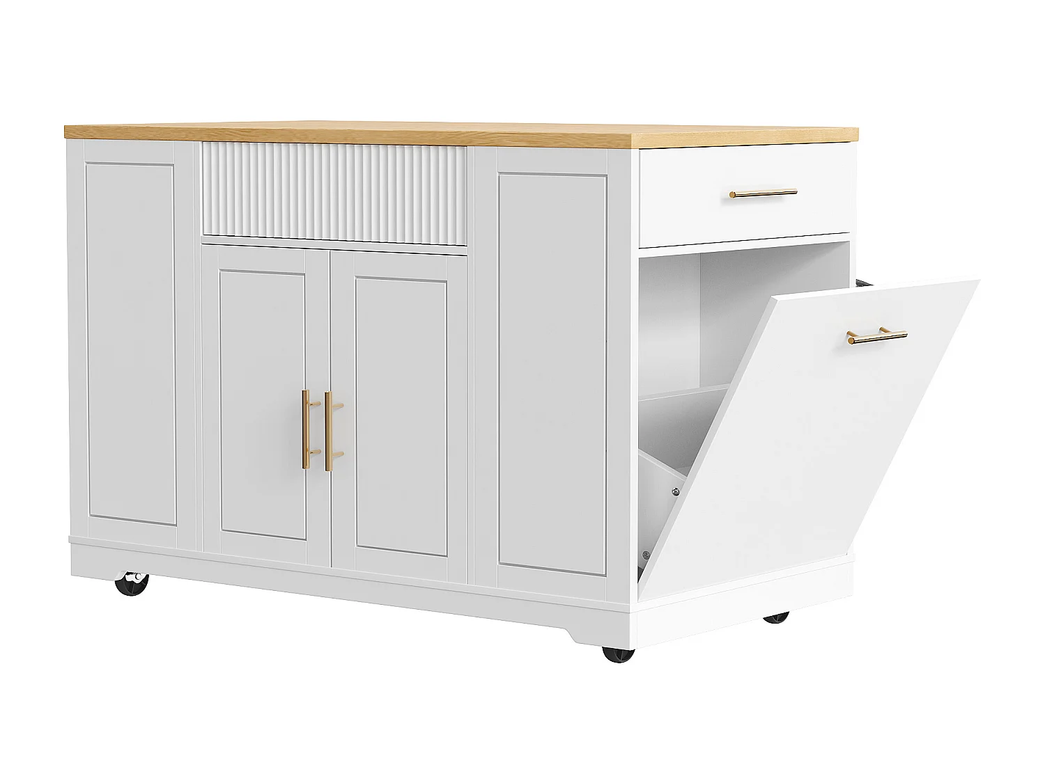 Desserte de cuisine blanc avec étagères réglables - Îlot central avec 3 portes et 3 tiroirs - compartiment poubelle