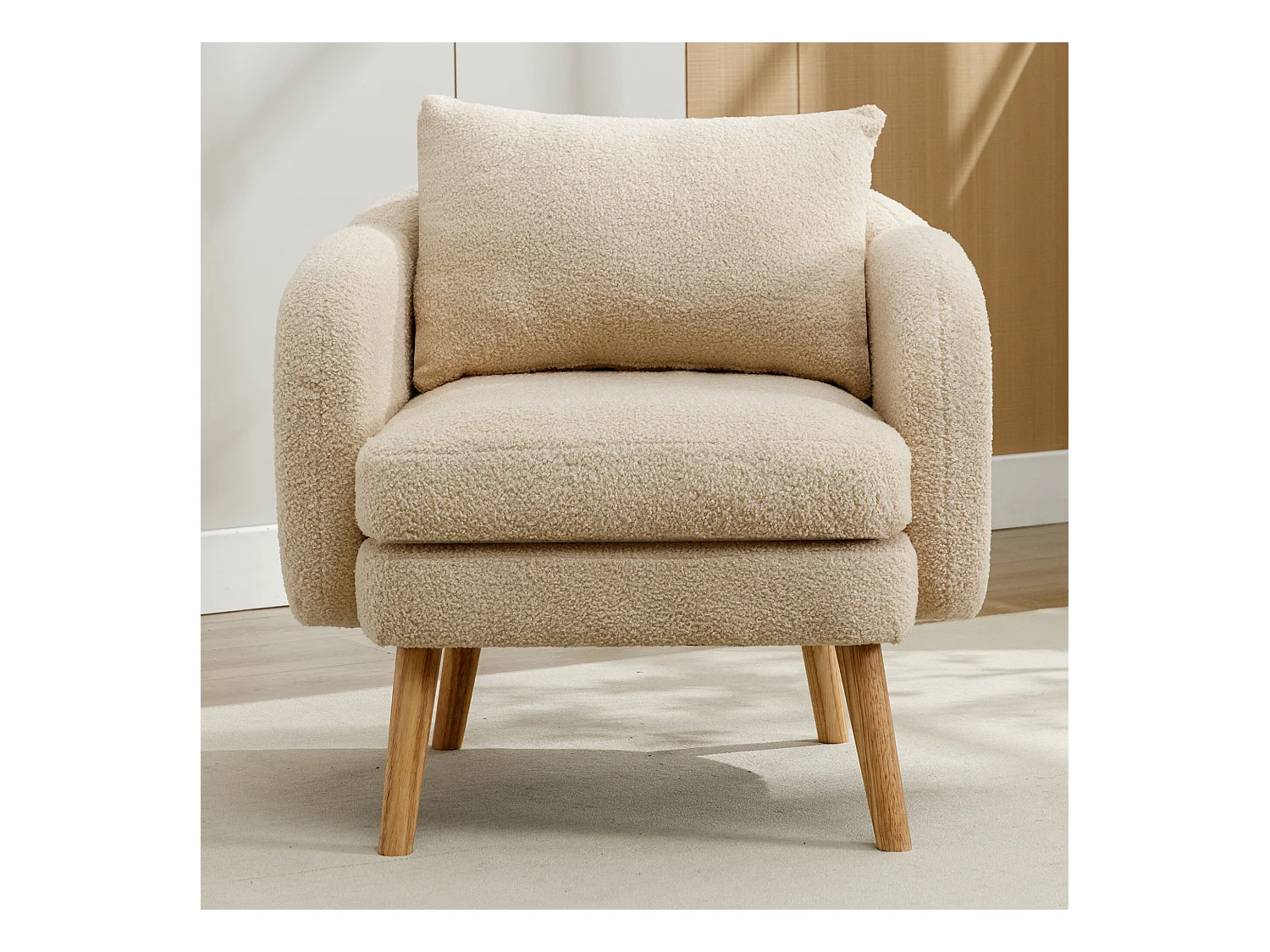 Fauteuil beige - Fauteuil avec assise et accoudoirs épais - pieds et coussins en bois massif - velours teddy