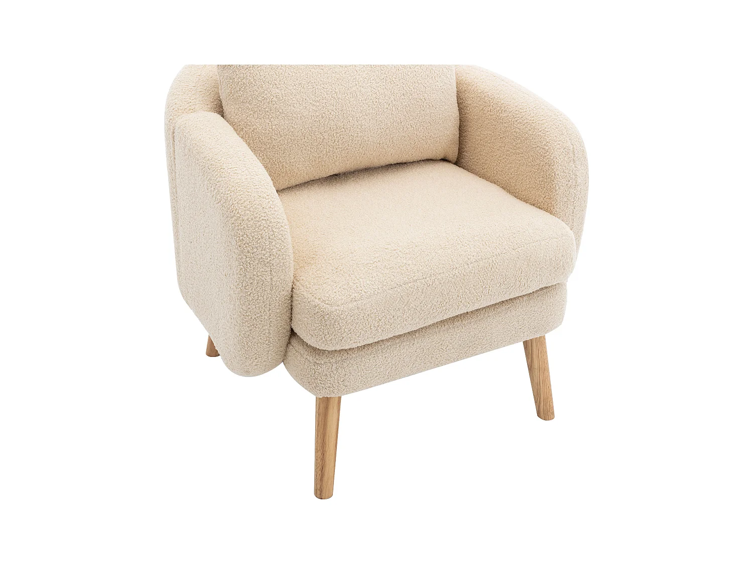 Fauteuil beige - Fauteuil avec assise et accoudoirs épais - pieds et coussins en bois massif - velours teddy