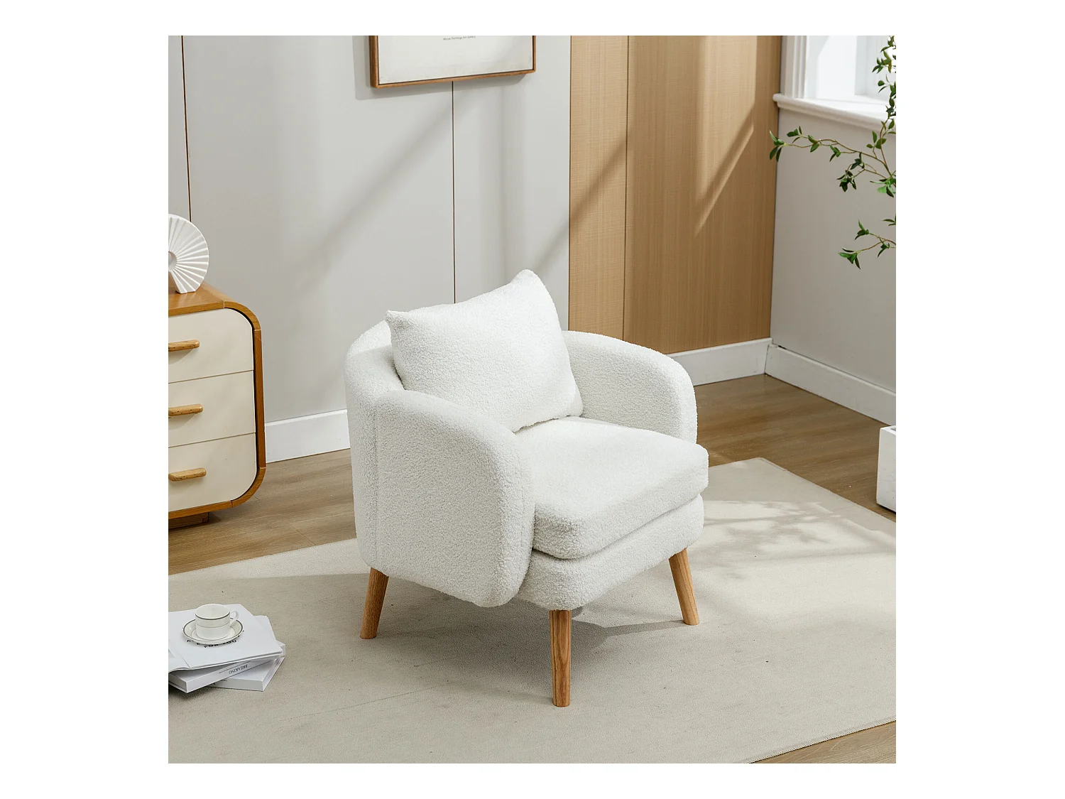 Fauteuil blanc - Fauteuil avec assise et accoudoirs épais - pieds et coussins en bois massif - velours teddy