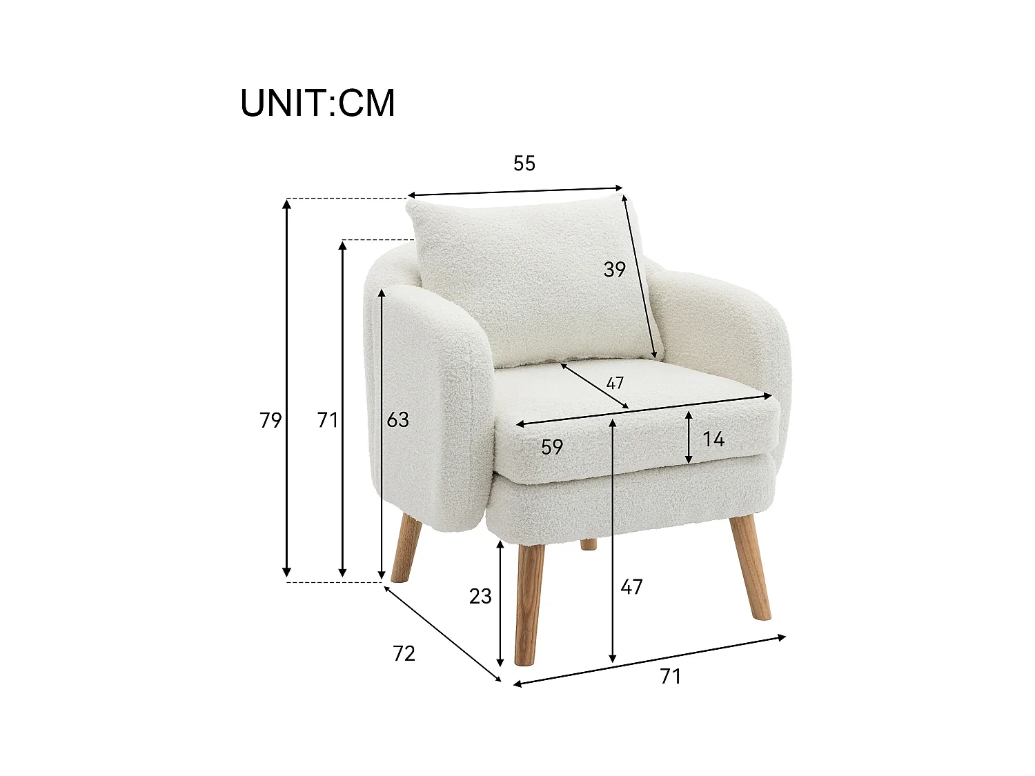 Fauteuil blanc - Fauteuil avec assise et accoudoirs épais - pieds et coussins en bois massif - velours teddy