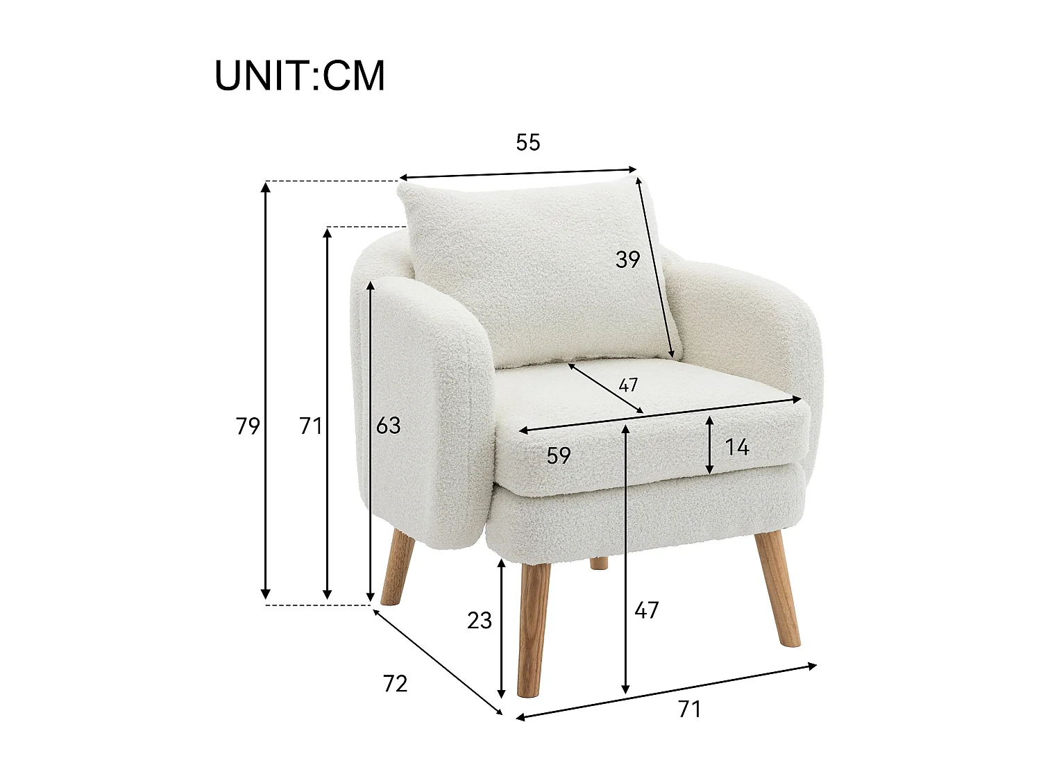 Sillón blanco - Sillón con asiento y reposabrazos gruesos - patas y cojines de madera maciza - terciopelo peluche