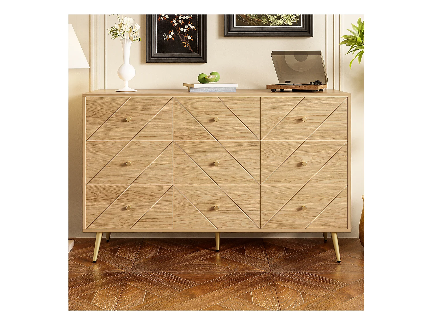 Commode 9 tiroirs - Commode avec pieds en fer et poignées dorées - panneau de particules