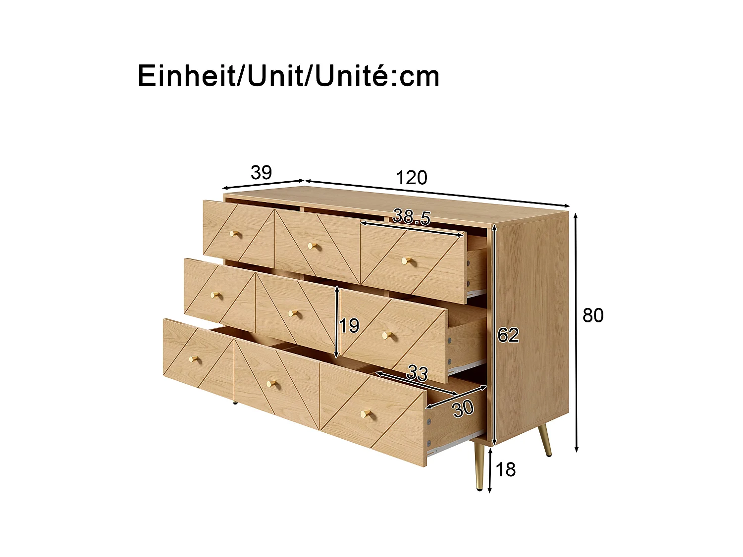 Commode 9 tiroirs - Commode avec pieds en fer et poignées dorées - panneau de particules