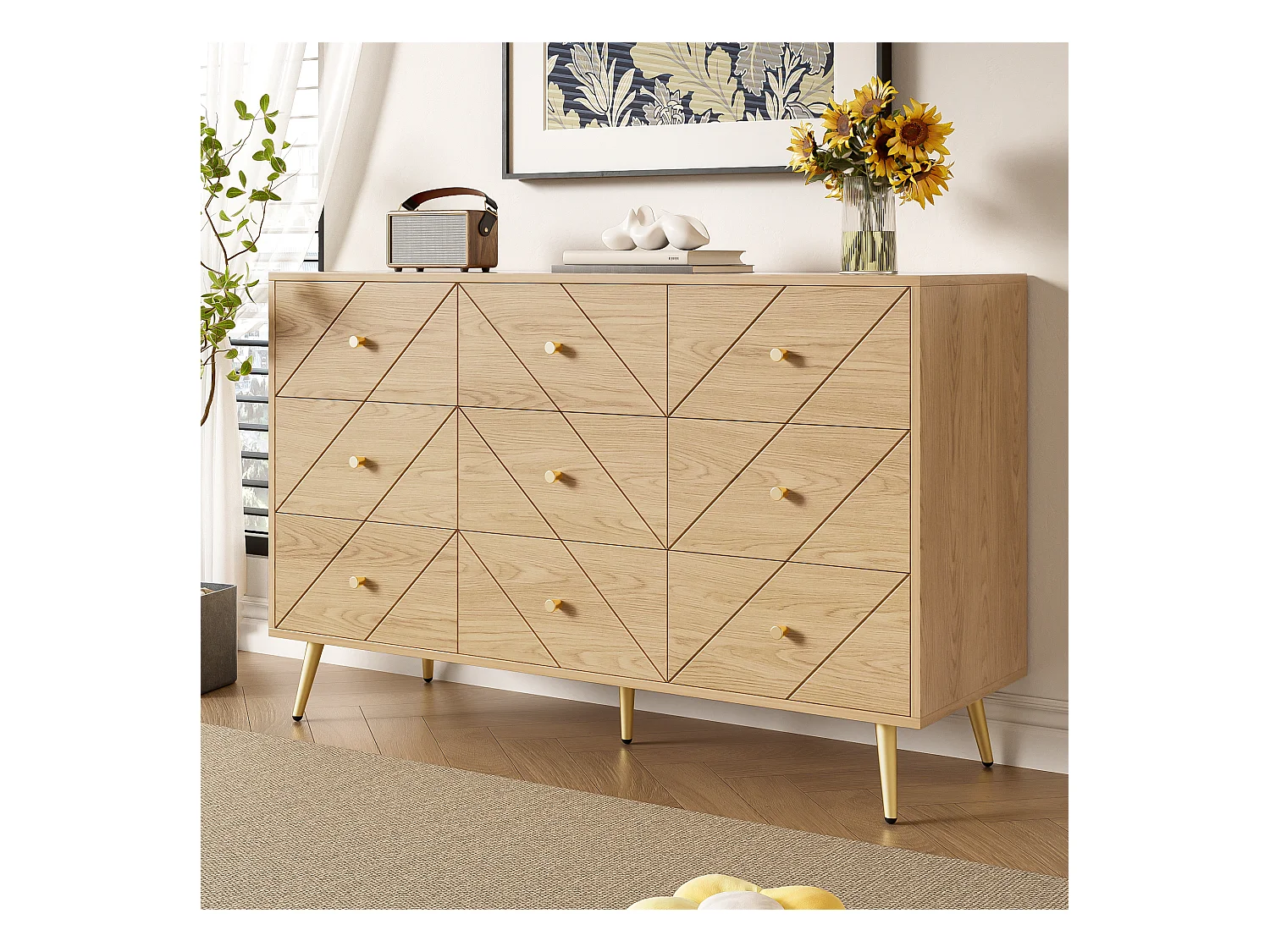 Commode 9 tiroirs - Commode avec pieds en fer et poignées dorées - panneau de particules