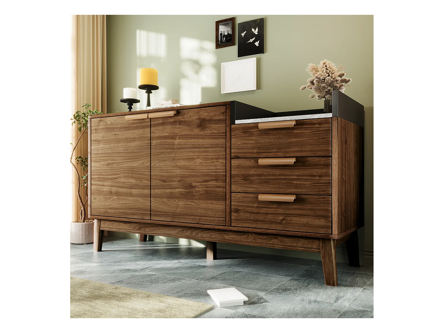 Commode 3 tiroirs - Commode 2 portes et étagères ouvertes - plateau effet marbre