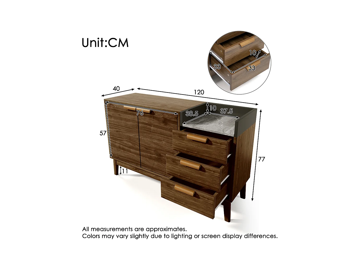 Commode 3 tiroirs - Commode 2 portes et étagères ouvertes - plateau effet marbre
