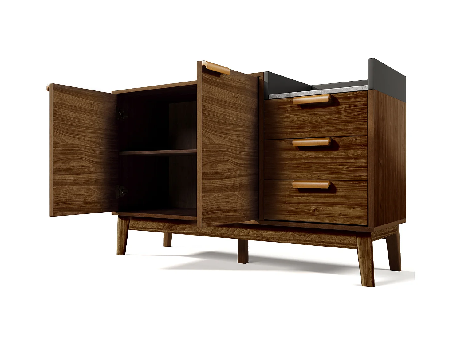 Commode 3 tiroirs - Commode 2 portes et étagères ouvertes - plateau effet marbre