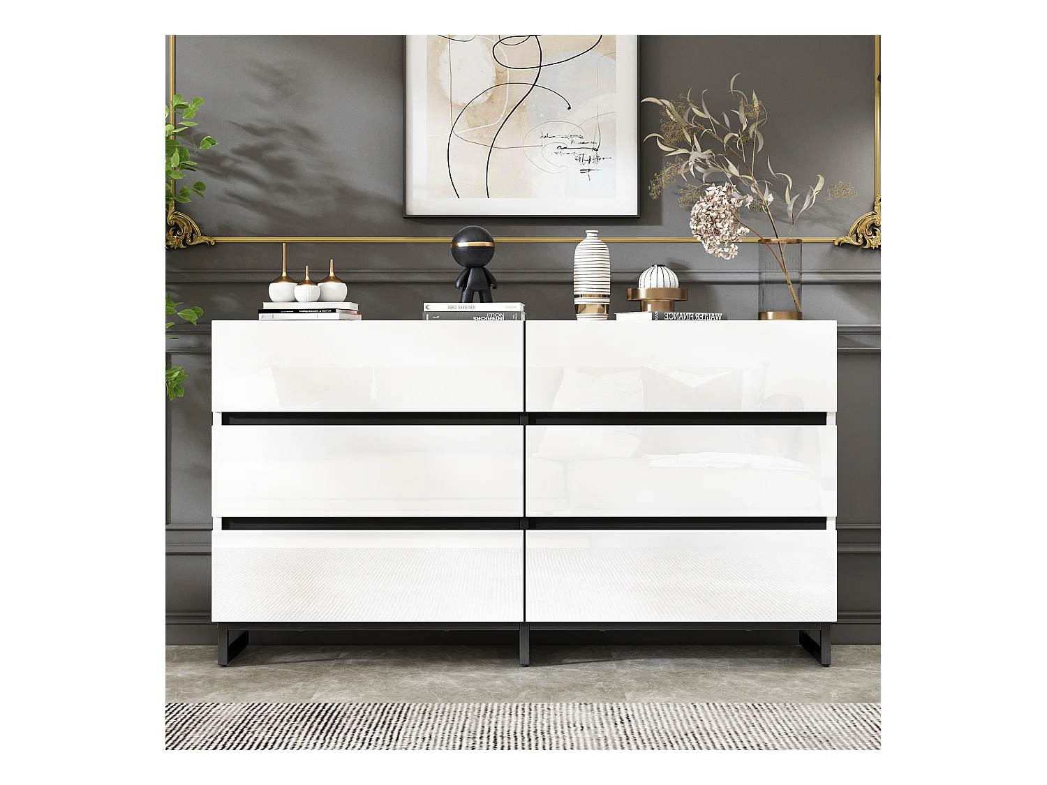 Commode moderne brillante - Commode à 6 tiroirs avec pieds en métal - noir et blanc