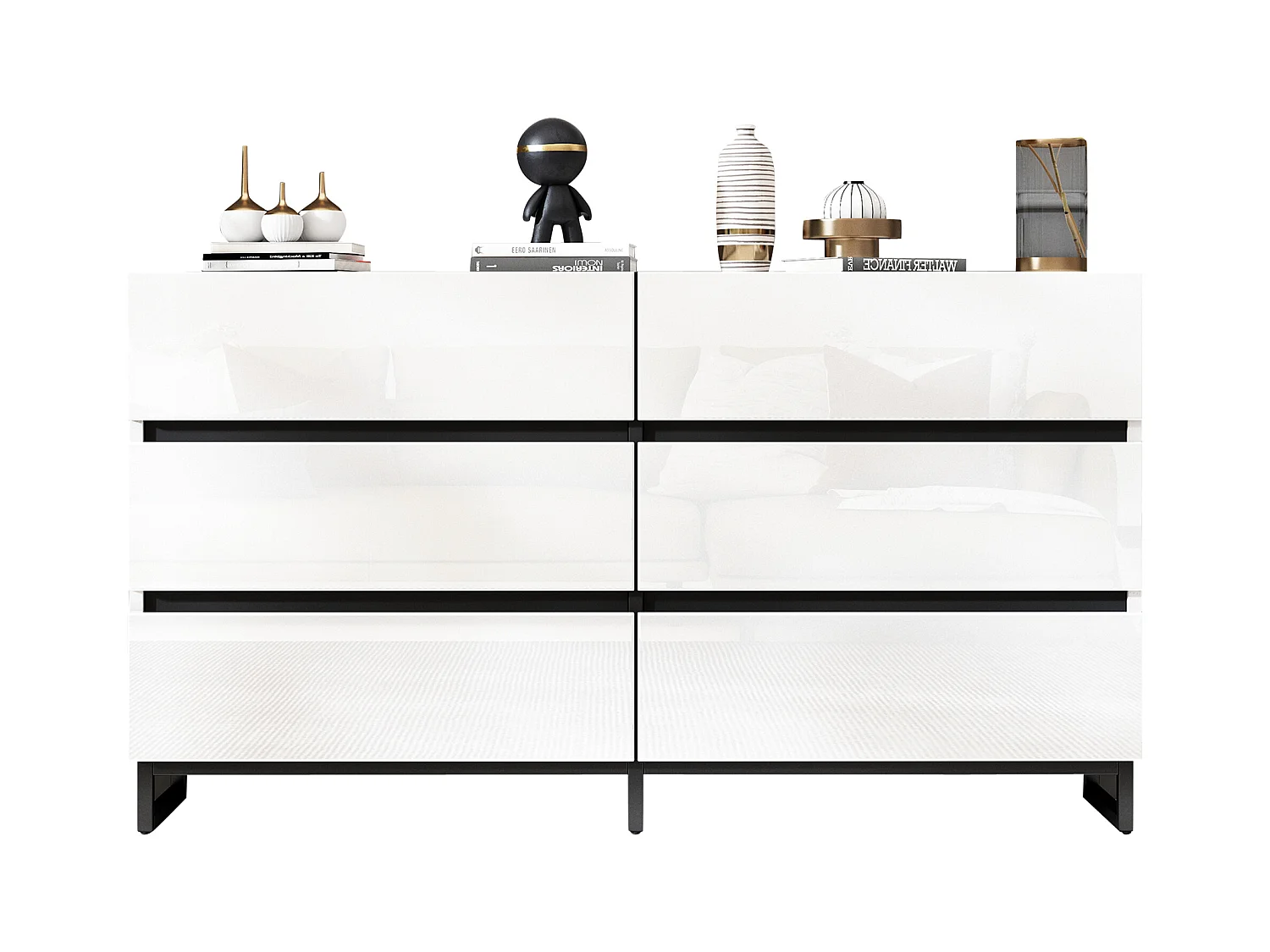 Commode moderne brillante - Commode à 6 tiroirs avec pieds en métal - noir et blanc