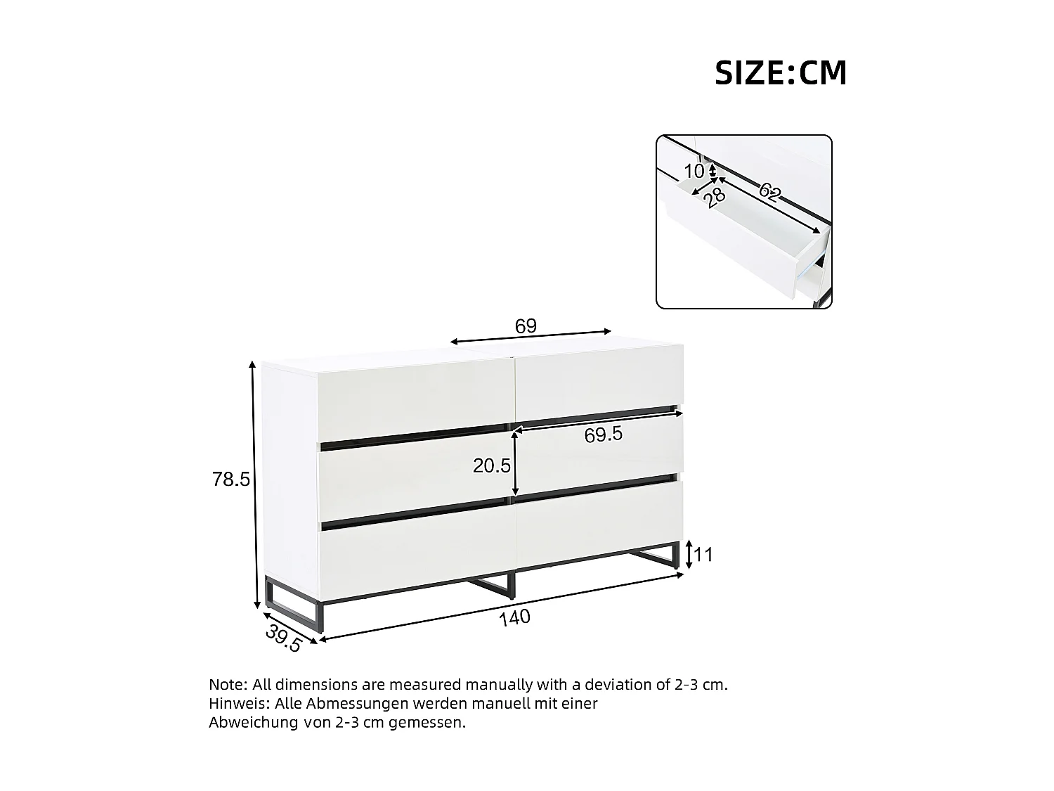 Nowoczesna, błyszcząca komoda – komoda z 6 szufladami i metalowymi nogami – czarno-biała