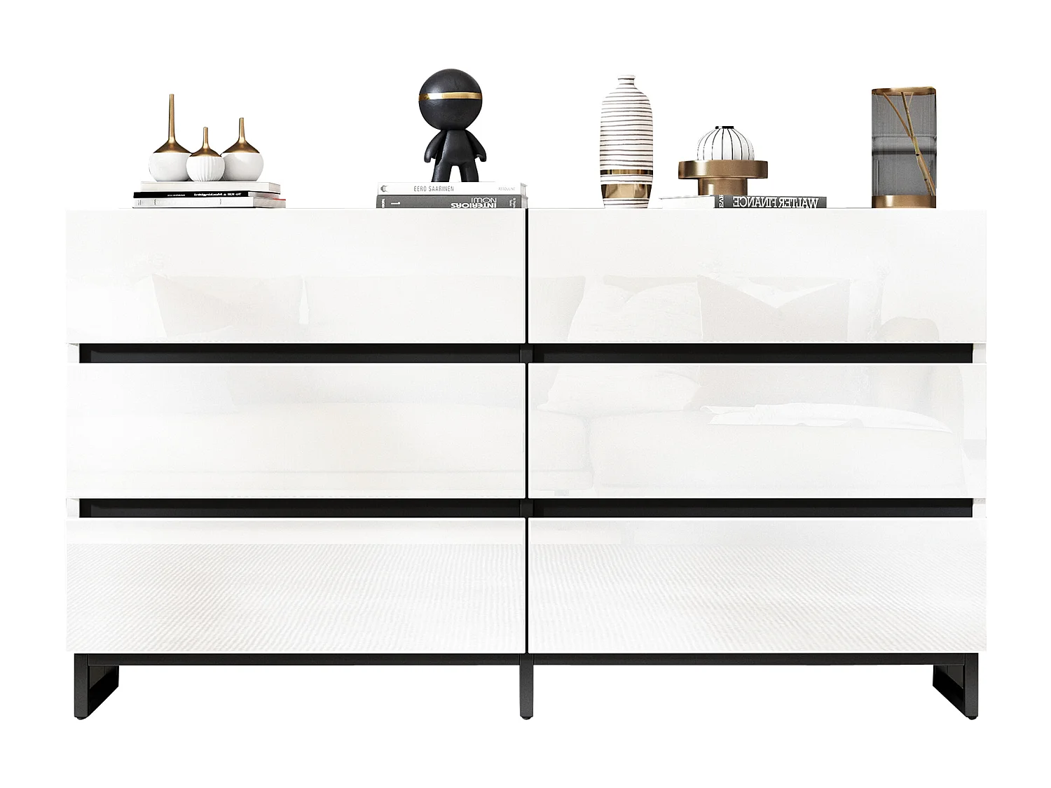 Nowoczesna, błyszcząca komoda – komoda z 6 szufladami i metalowymi nogami – czarno-biała