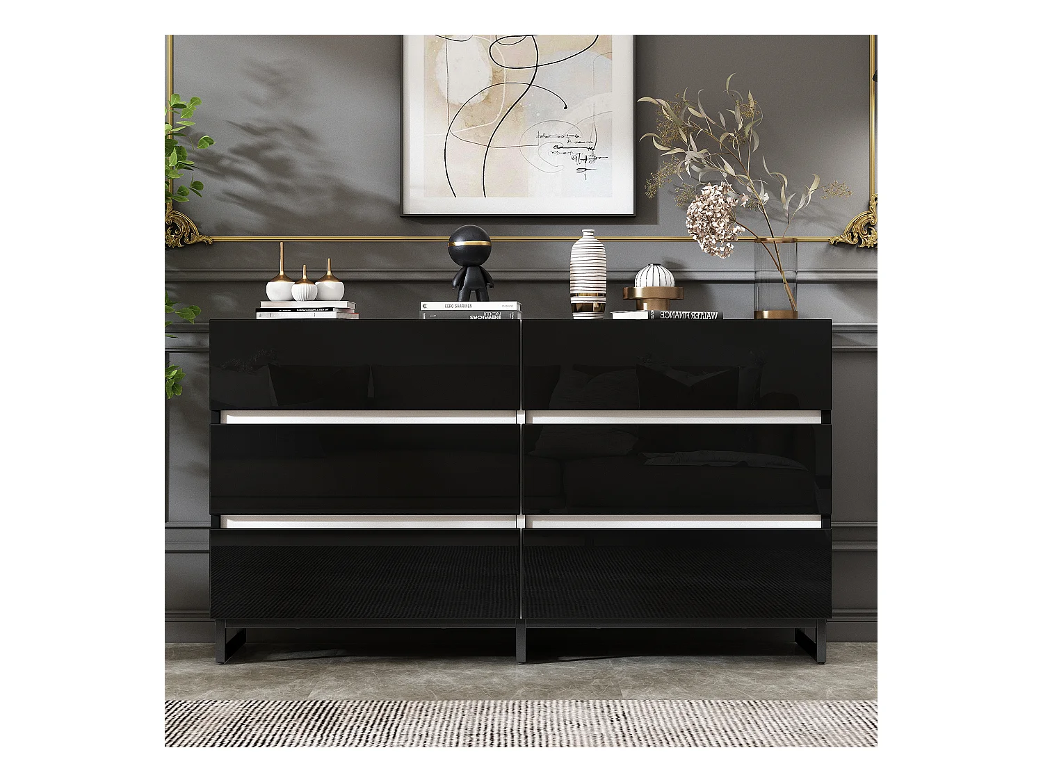 Commode moderne brillante - Commode à 6 tiroirs avec pieds en métal - blanc et noir