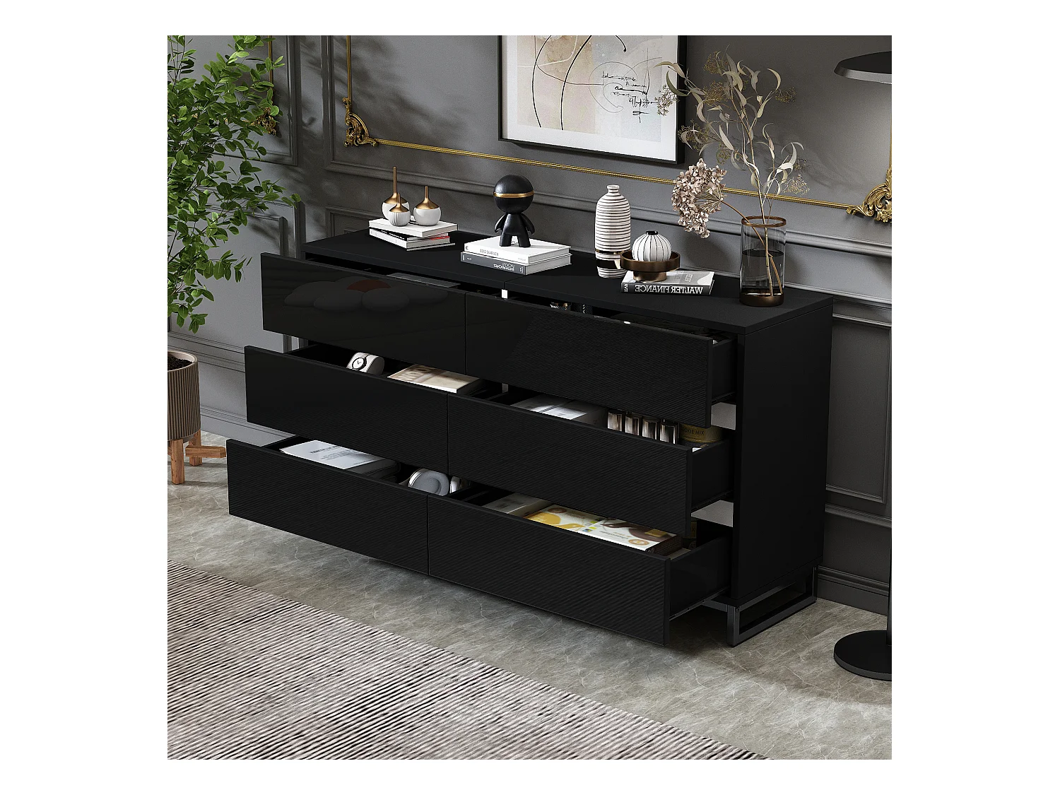 Commode moderne brillante - Commode à 6 tiroirs avec pieds en métal - blanc et noir