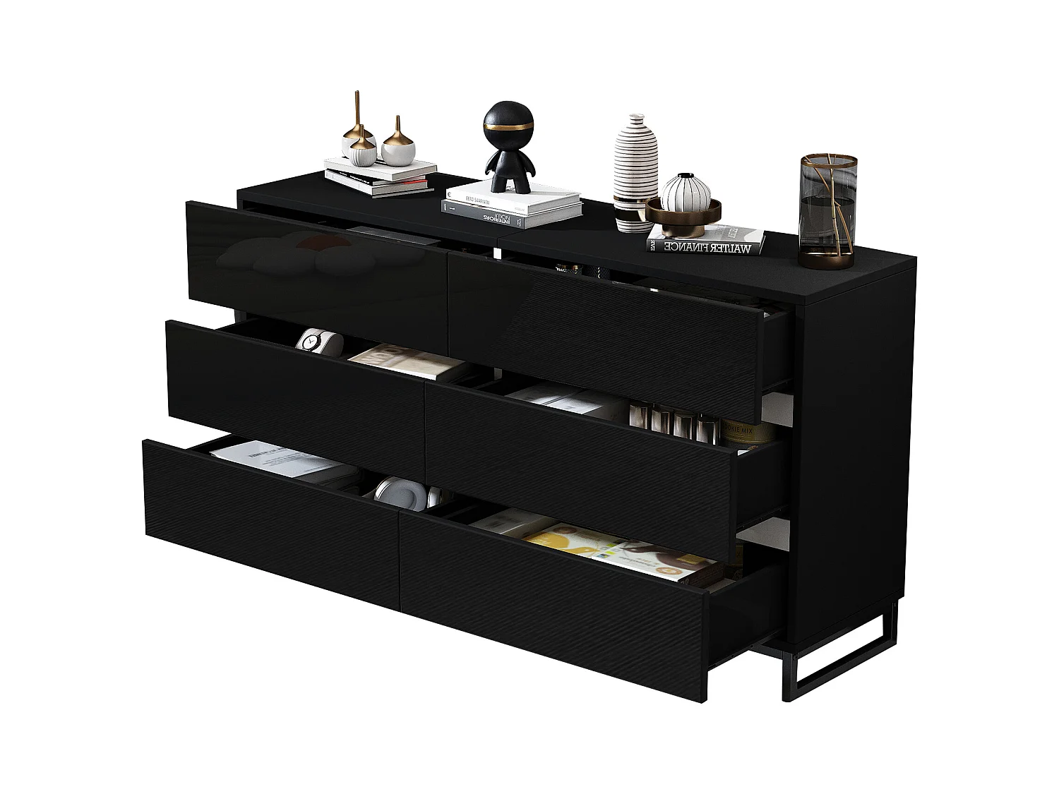 Commode moderne brillante - Commode à 6 tiroirs avec pieds en métal - blanc et noir