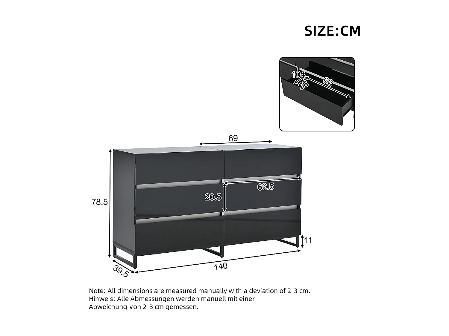 Nowoczesna, błyszcząca komoda – komoda z 6 szufladami i metalowymi nogami – biała i czarna